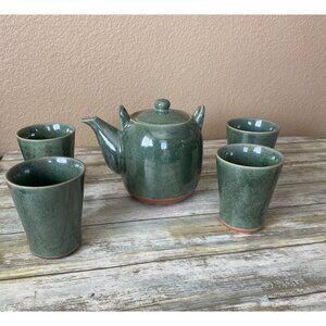 Teavana Fine Stoneware Green Tea Set w/4 Cups & Teapot Made In Japan